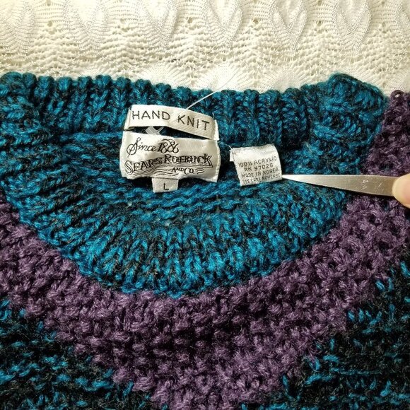 Sears and Robuck Co hand knit sweater blue size L - Picture 7 of 8